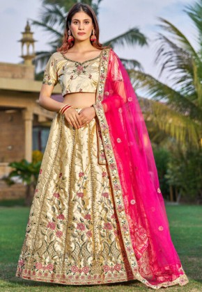 Embroidered Satin Lehenga in Beige