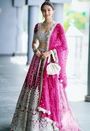 Embroidered Net Lehenga in Fuchsia